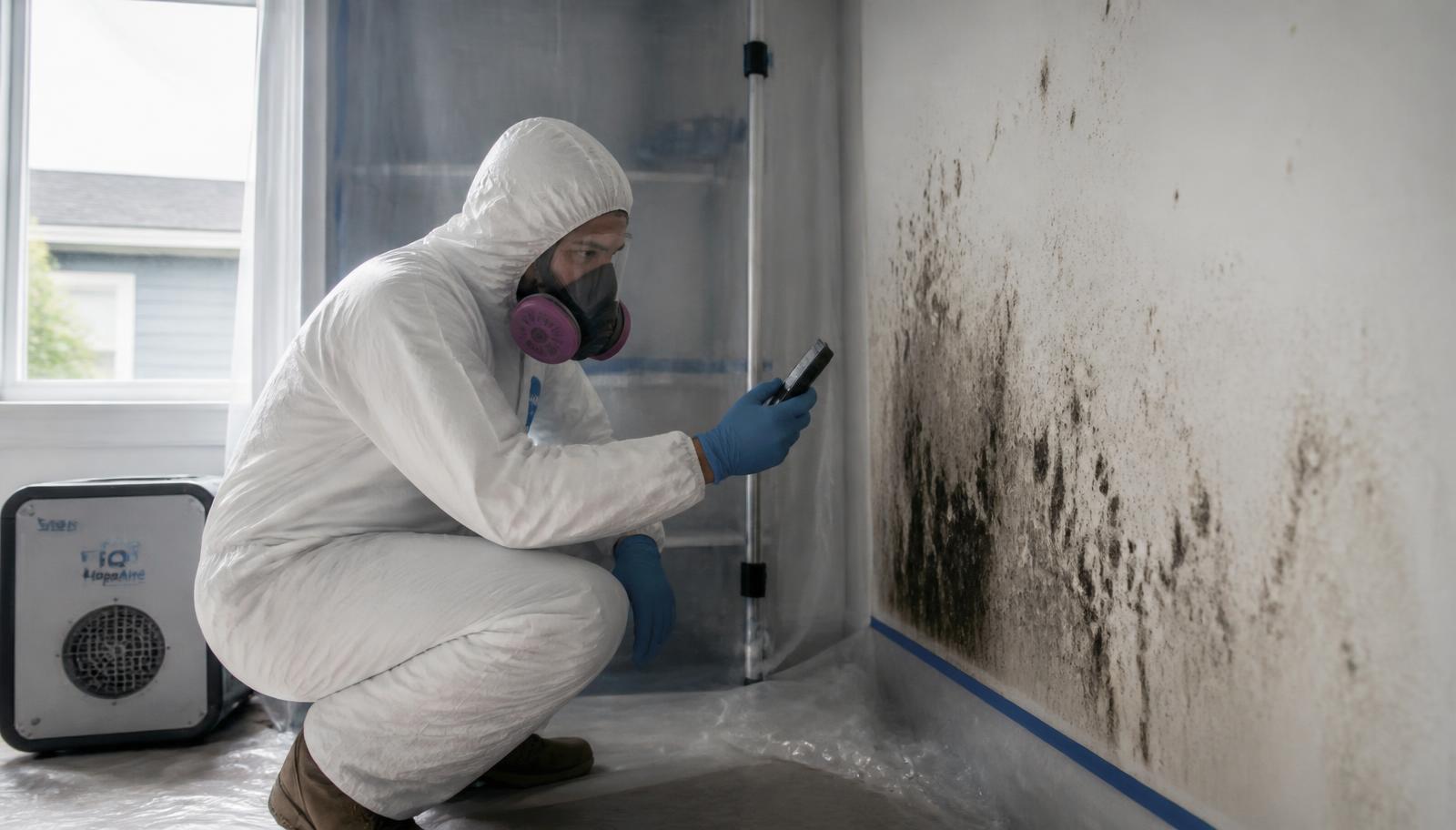 Mold remediation technician in protective suit inspecting black mold growth on a Portland home's interior wall with containment sheeting and HEPA air scrubber