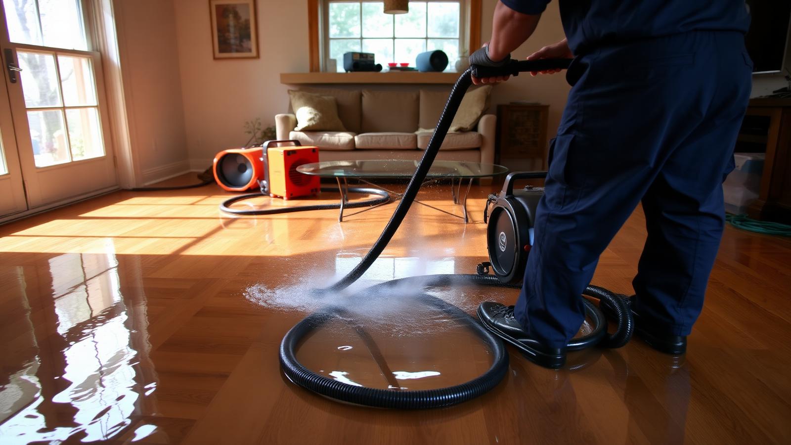 Restoration technician using an industrial extraction pump to remove standing water from a flooded Portland home's hardwood floor