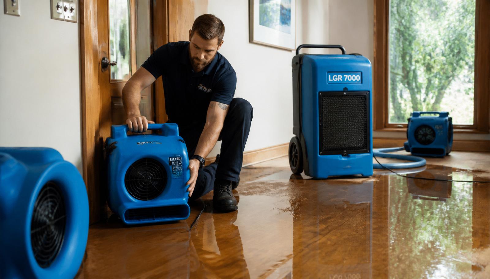 Portland water damage technician drying a flooded hardwood floor with commercial air movers and dehumidifiers