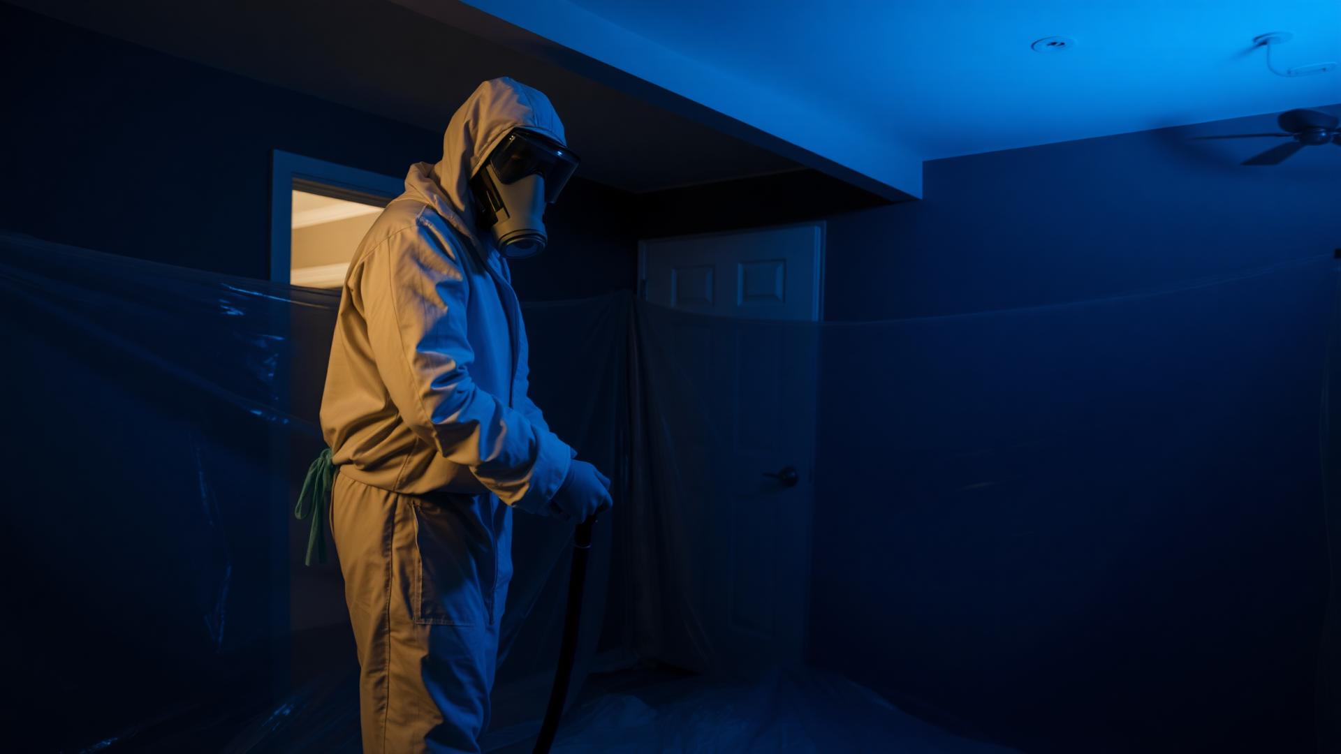 Industrial hygienist setting up negative-air containment for a large mold abatement project in Portland