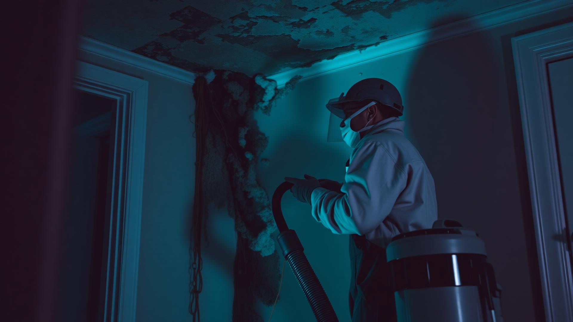 Technician removing moldy drywall with HEPA vacuum in a Portland home